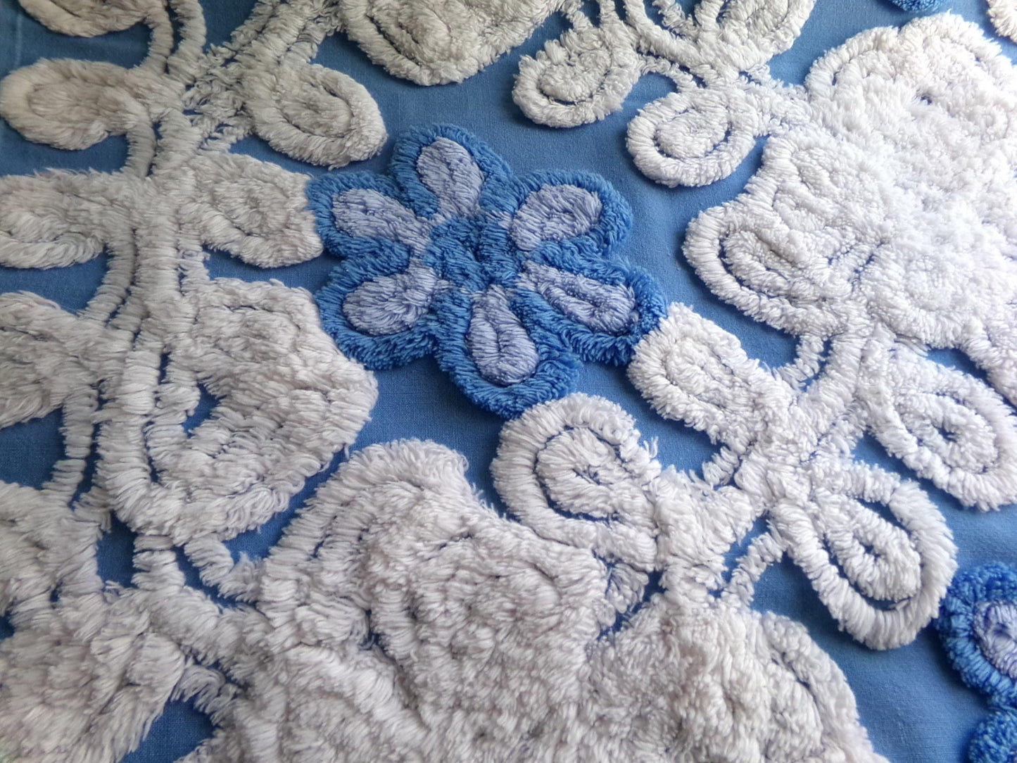coastal cute blue chenille fabric, plush white swirls surround single flowers, 18" x 24" inch piece of vintage sewing material
