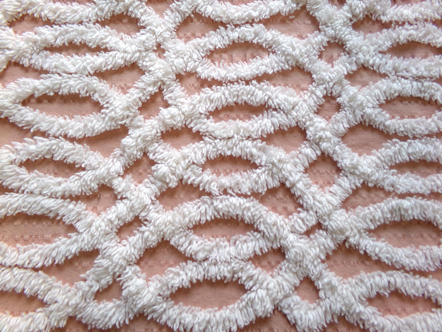 vintage chenille fabric: white geometric on peach cotton seersucker, 20" x 24" cut piece