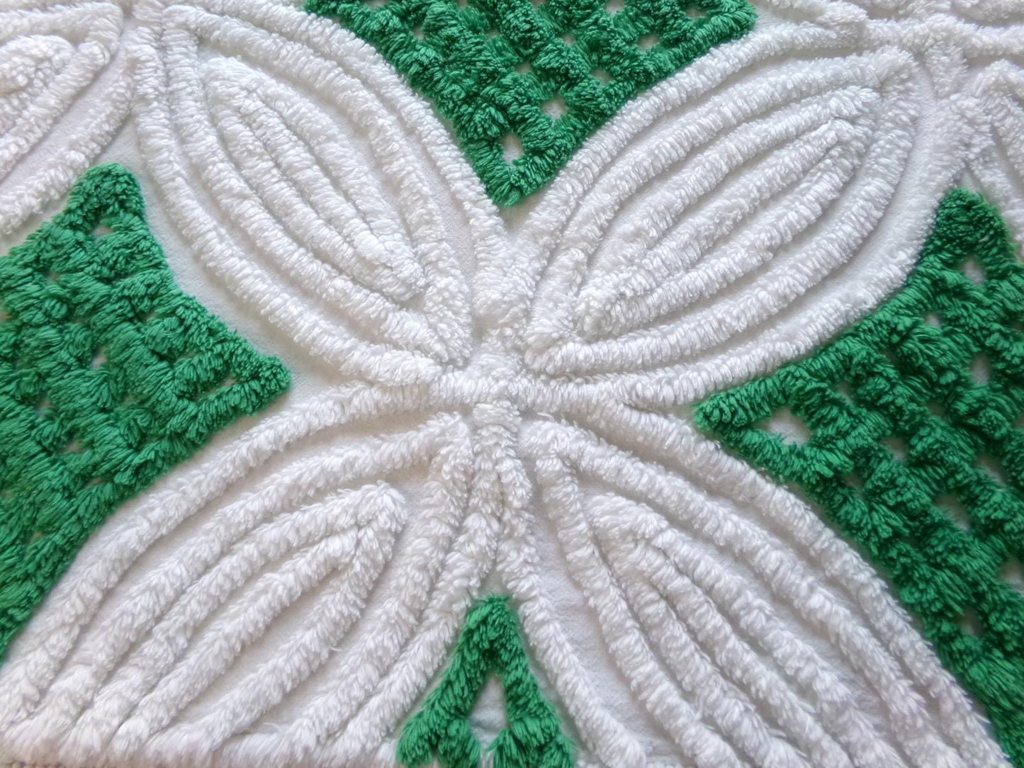 preppy chenille fabric, plush kelly green & white 23" x 20" inch piece of vintage sewing material for pillows, quilting, crafts