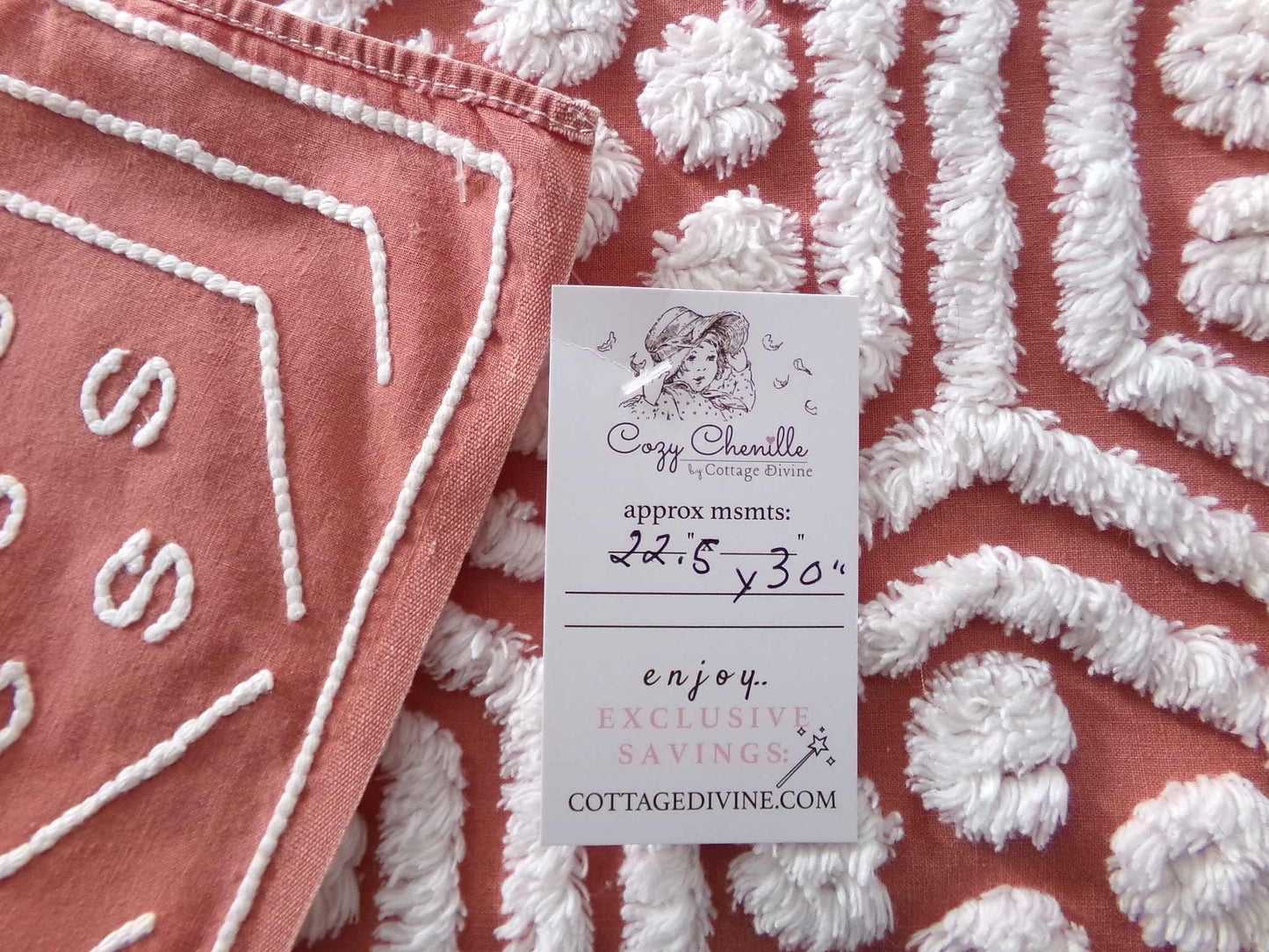 Hippie Hexagon Reversible Vintage Chenille Fabric, Sewing Quilting Material in Boho Style Terracotta & White, 22.5" x 30" inch Piece
