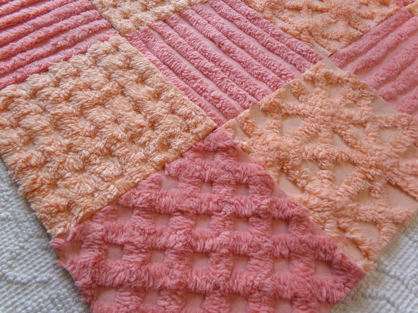raspberry peach sherbet vintage chenille fabric squares, set of 16 plush soft tufted 6" blocks