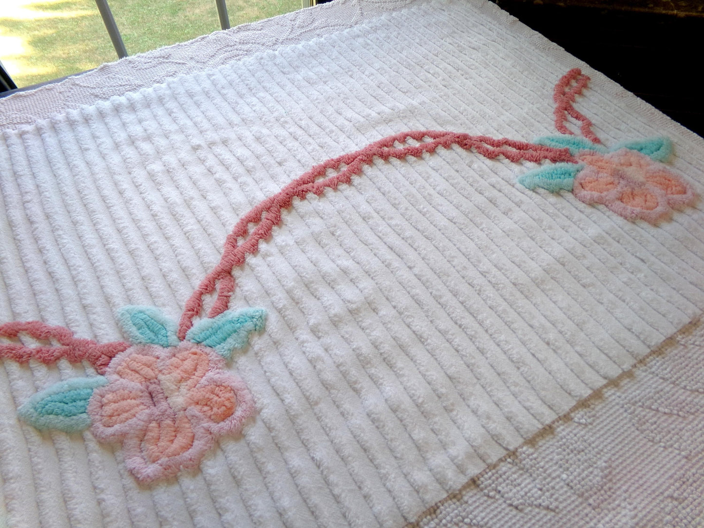 rose garland vintage chenille fabric, floral 20" x 29" piece of white cotton sewing material for crafts, pillows