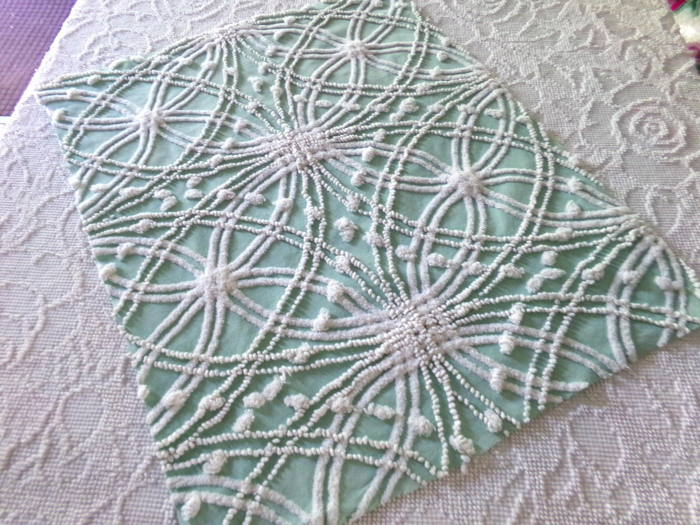 Striking Creamy Jade Green Vintage Chenille Bedspread Fabric, 19" x 23" inch Piece, White Spider Tuft Texturized Design