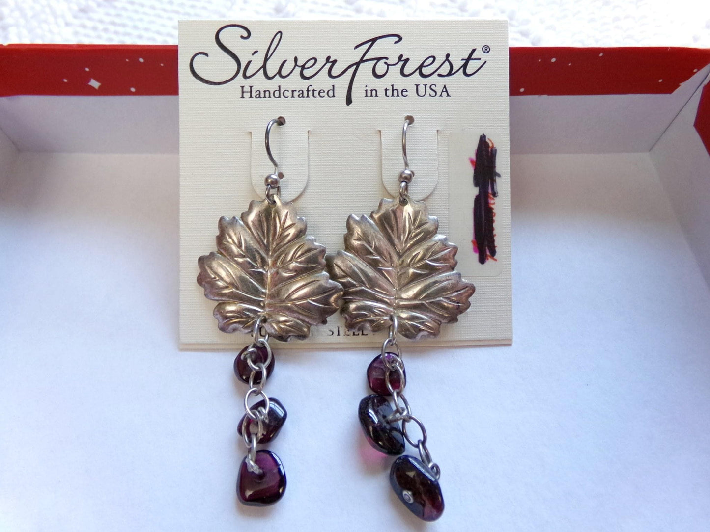 Vintage Lot Boho Earrings, 2 Pair Silver Forest Silvertone Pierced Dangle Earring, maple leaf & beads, small hoops w/ dangling feathers