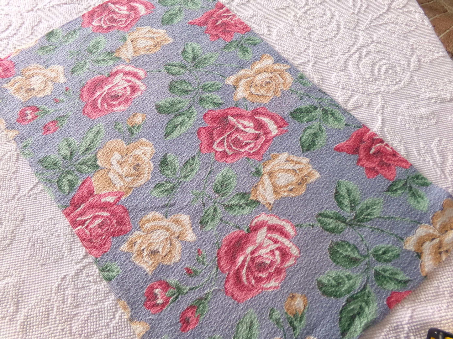 shabby chic rose barkcloth fabric, lovely floral blooms on blue, 27" x 16" inch piece, great vintage sewing material for pillows
