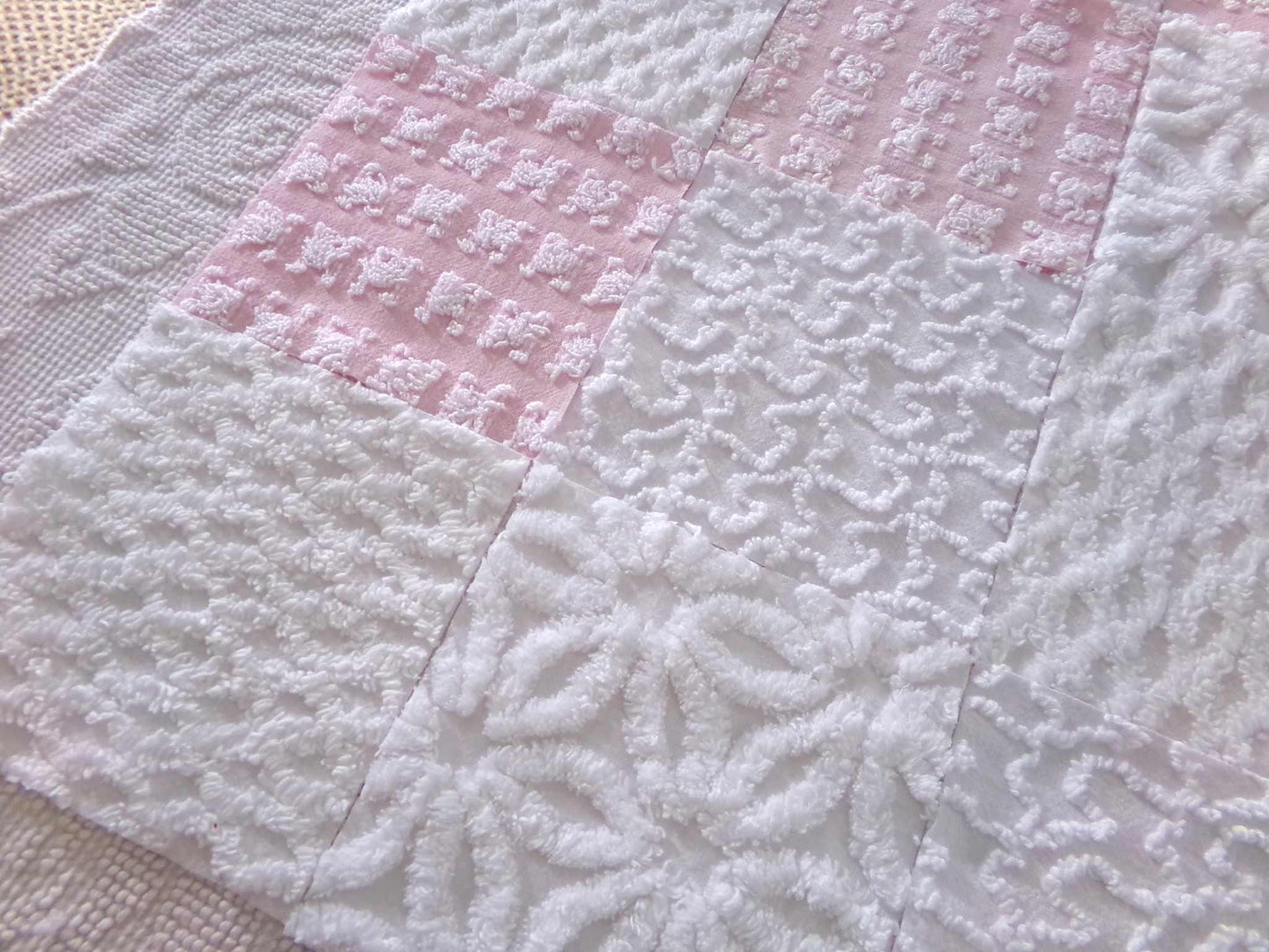 angel wings chenille fabric squares, pink & white rosebud, lattice, dots, squiggles, vintage square set of 16 quilt blocks, 6" x 6" inch