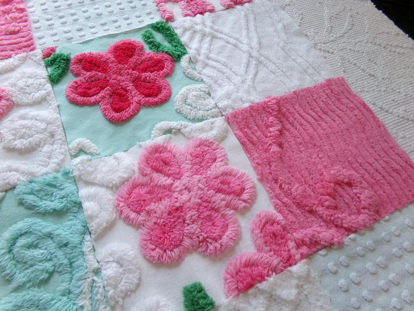 seafoam & pink 6" chenille squares, set of 16 quilt blocks rotary cut from vintage chenille bedspread fabrics