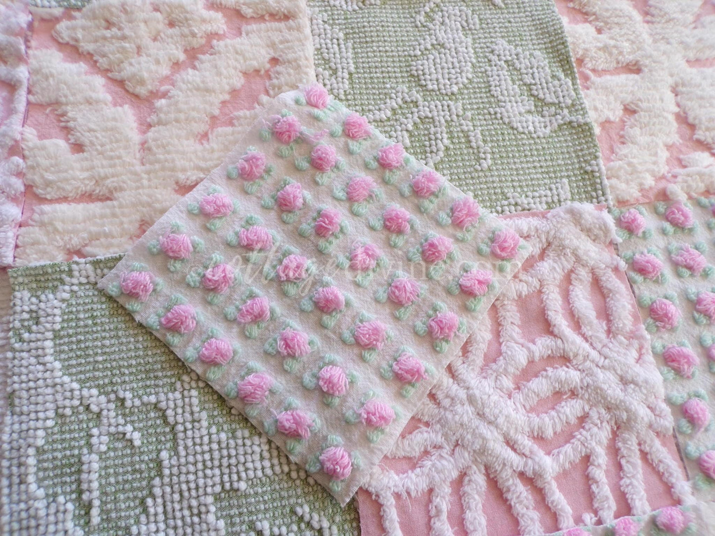 vintage 6" chenille fabric squares, set of 16 quilt blocks in rose bloom pink, sage green & white geometric and floral prints