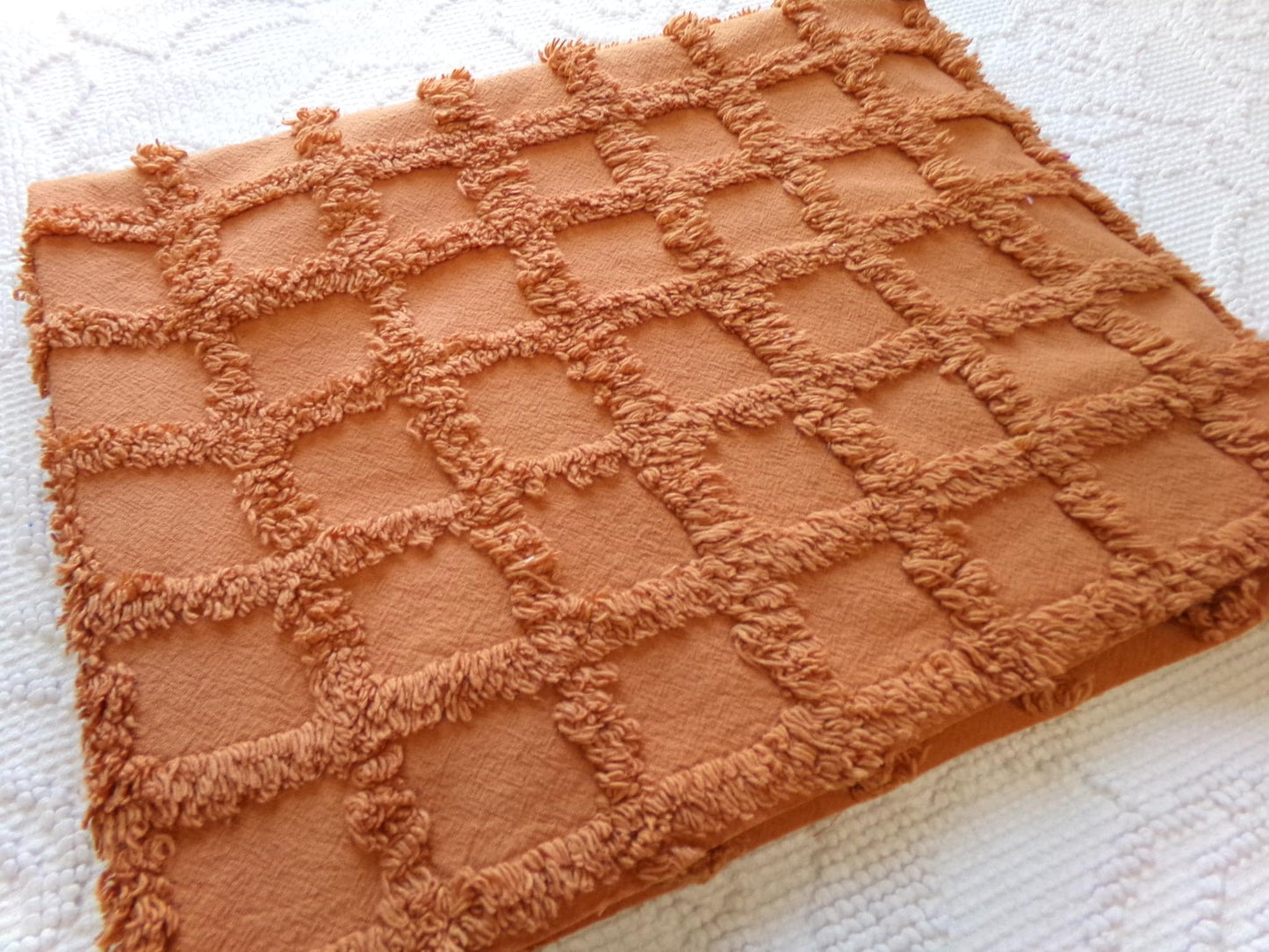 nutmeg pumpkin spice chenille fabric, 20" x 24" boho vintage style sewing material for quilts, crafts in simple windowpane tufted design
