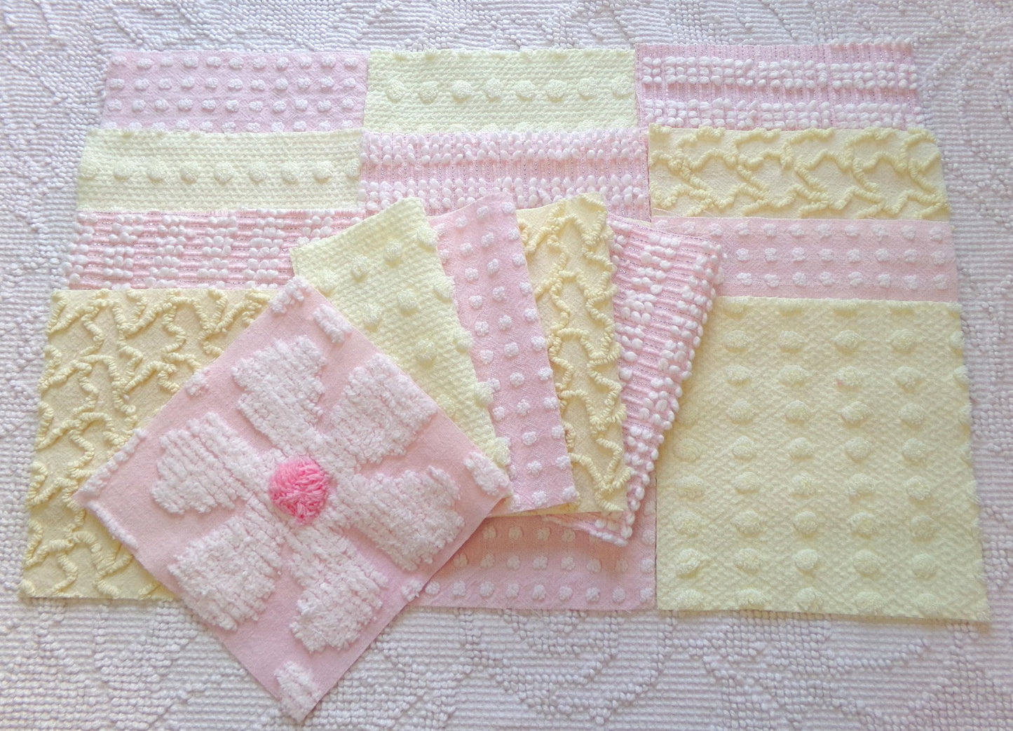celebrate spring vintage chenille fabric squares, set of 17 pink & yellow 6" blocks for crafts, sewing