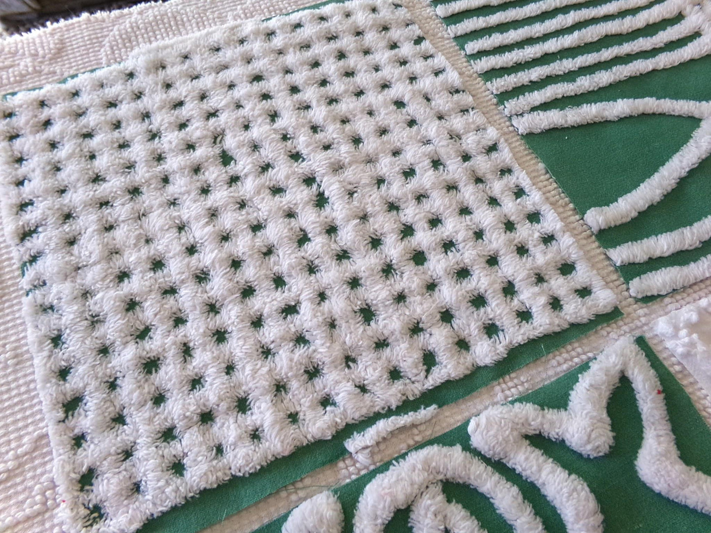 green & white chenille fabric squares, set of 6 large 9.5" square craft and quilt blocks, cut from vintage chenille bedspreads