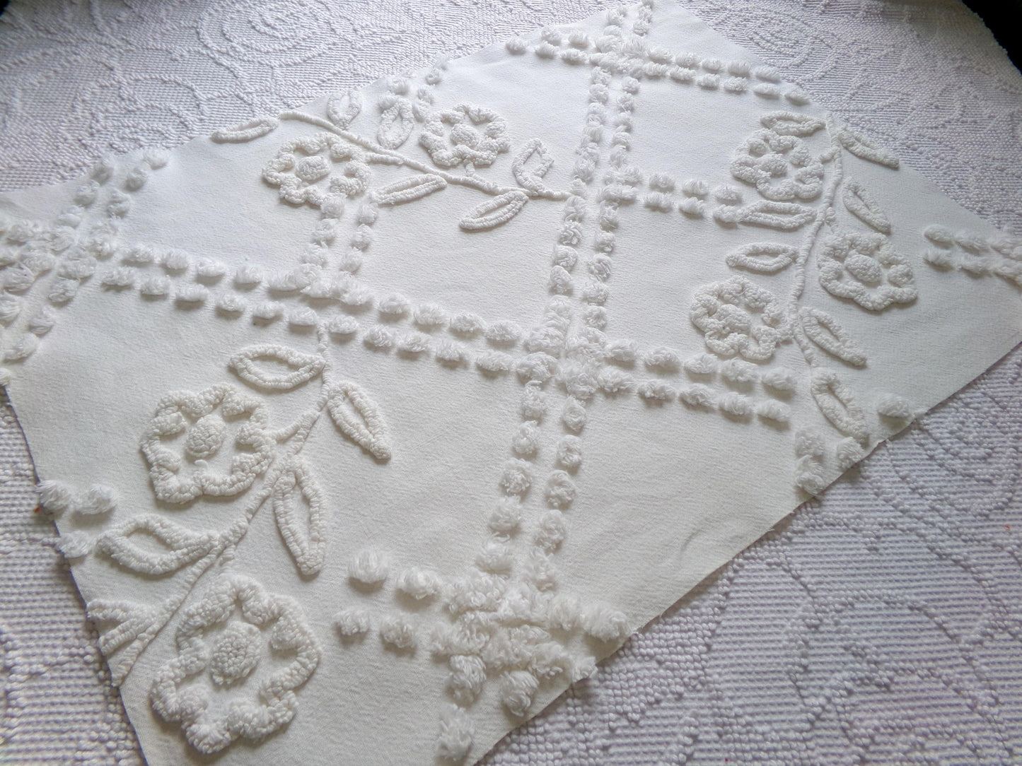 Vintage White Floral Chenille Fabric: Farmhouse Style 23" x 16" Cut Piece