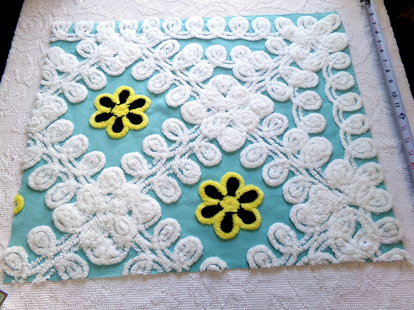beach girl vintage chenille fabric, frothy white, seaglass blue, 20" x 25" piece of cotton sewing material for crafts, quilts, pillows
