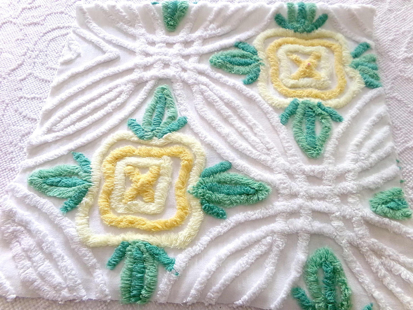 Shabby Chic Chenille Fabric, Yellow Cabbage Roses on White Cotton, 30" x 17" inch Piece, Pretty in Pillows & Quilts