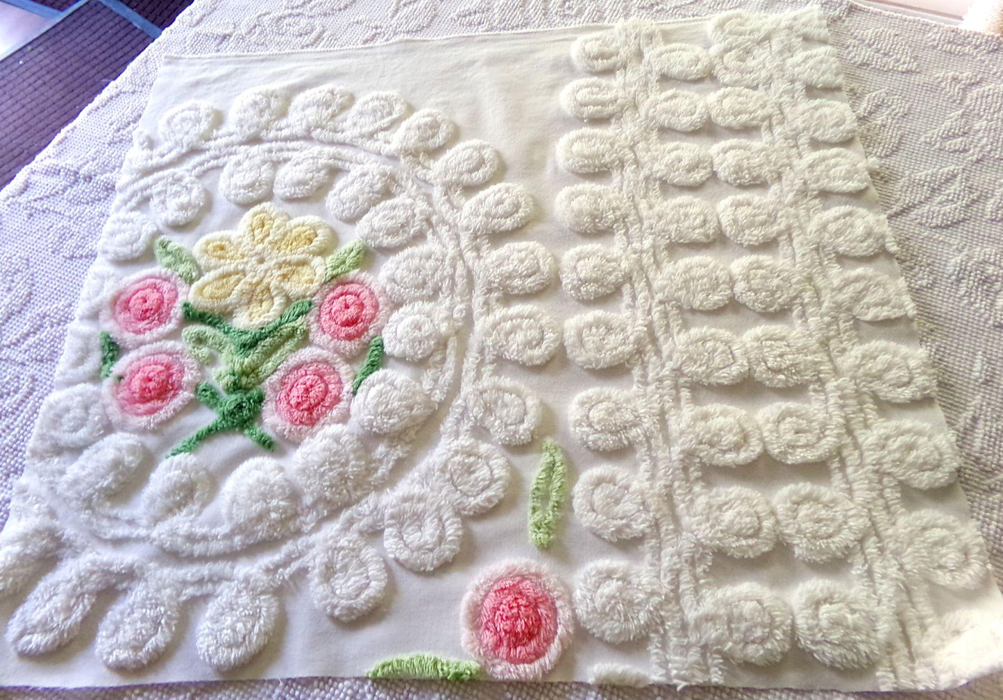 bridal cake vintage chenille fabric, lovely sculpted white curlicues & rosette florals, 20" x 23" inch piece of cotton sewing material