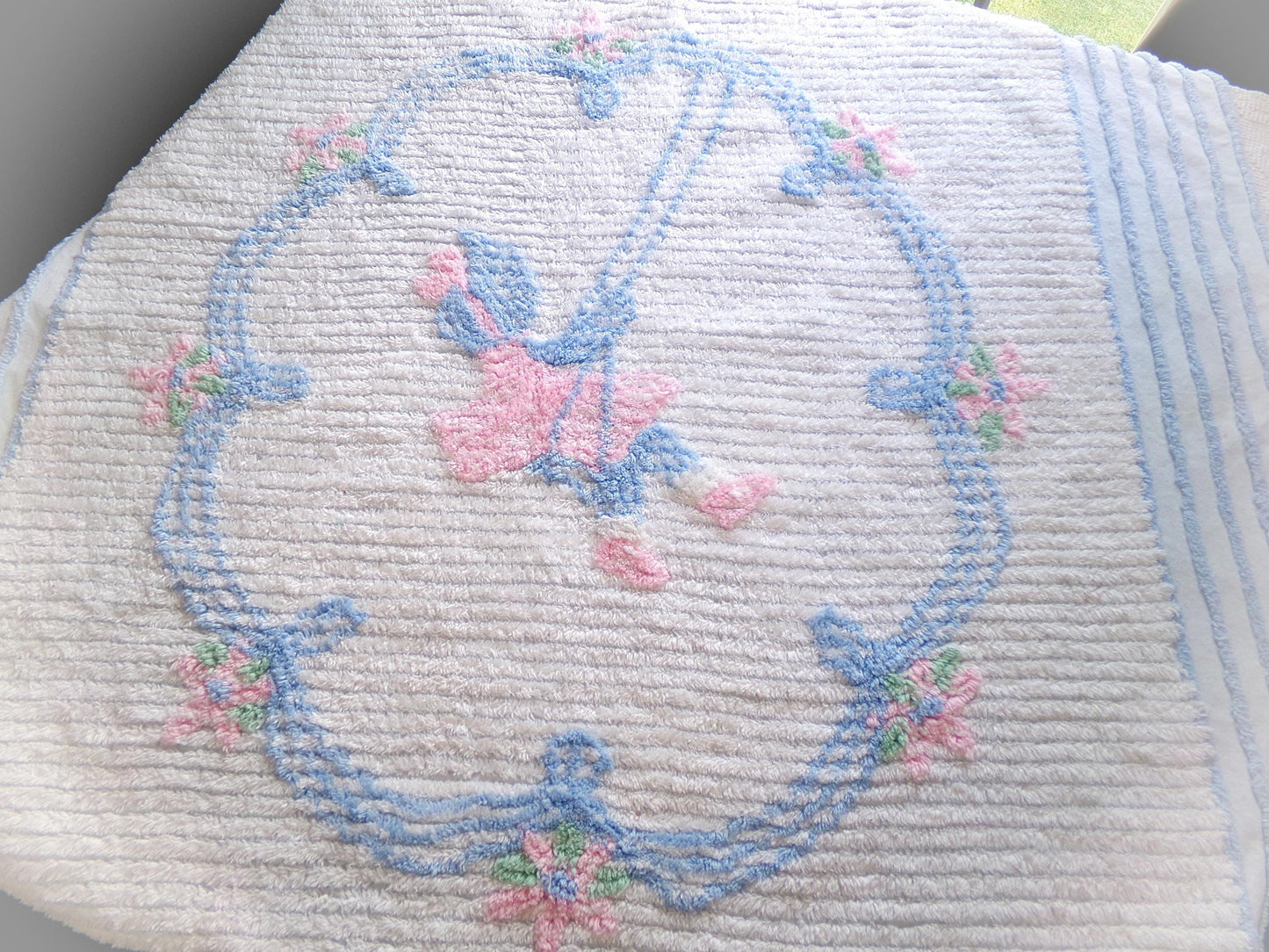 vintage chenille fabric panel: carefree little girl on swing in cameo of pink lilies, 28" x 38" large cut piece
