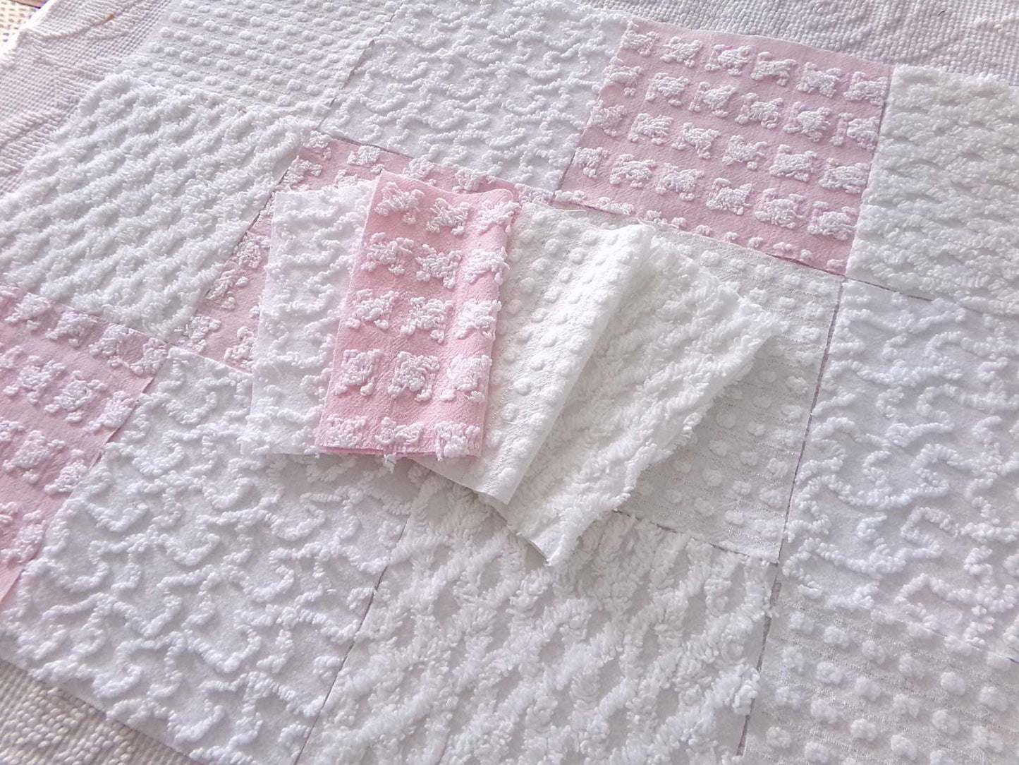angel feathers chenille fabric squares, pink & white rosebud, lattice, dots, squiggles, vintage square set of 16 quilt blocks, 6" x 6" inch