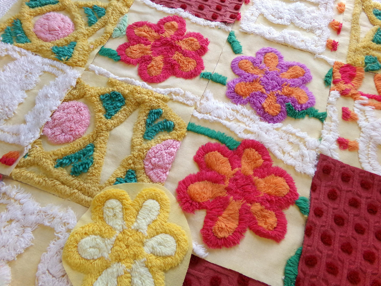 16 vintage 6" chenille fabric squares, set of yellow red quilt blocks, roses & sunshine