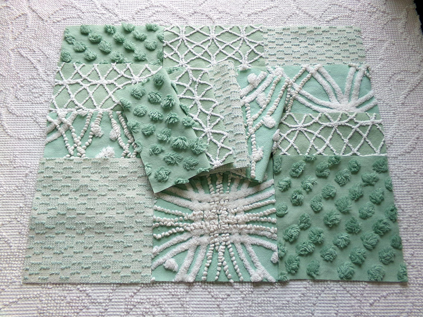 gorgeous green chenille fabric squares, set of 16 vintage 6" craft blocks, geometric designs for quilt inlays, pillows, fiber arts