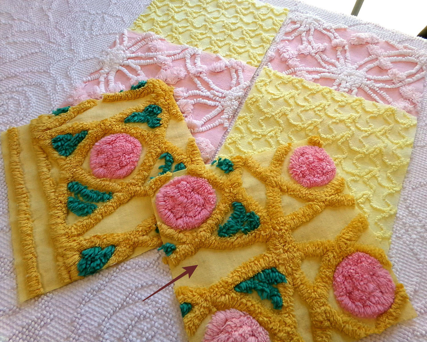 spring sun chenille fabric squares, 7.5" vintage quilt blocks, pink, gold, yellow floral & geometric, set of 6 for sewing, crafts, quilting