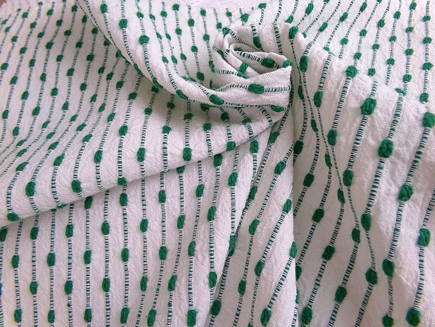 preppy kelly green textured fabric piece, vintage chenille raindrop dots on white woven cotton, great in quilts, xmas stockings, 20" x 25"