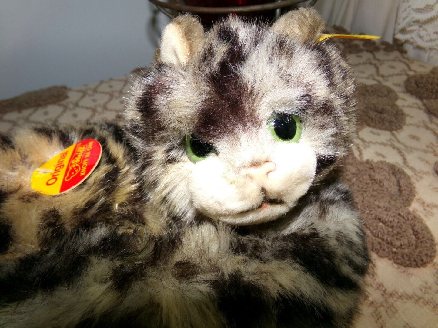 Vintage STEIFF Kitten Unique Curled Up Tabby Cat 074189 with Button, Tags