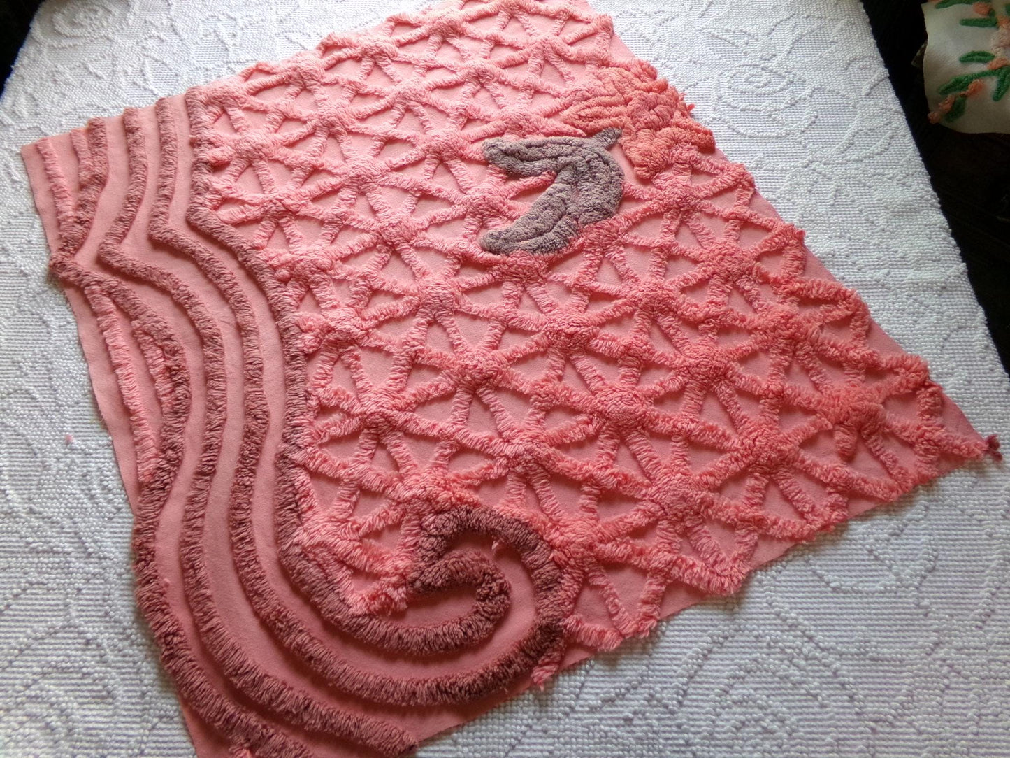 unique vintage chenille fabric panel in twinkle starburst pattern, nostalgic sewing material for quilts & pillows, 23" x 20" inch piece