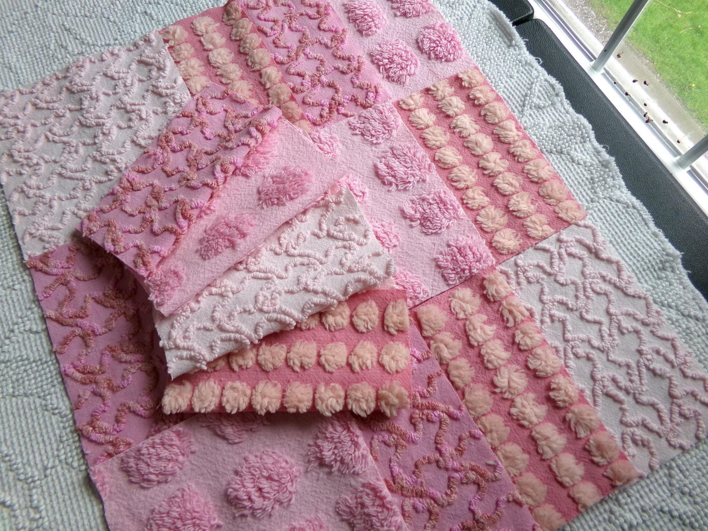 perky pinks chenille fabric squares, 16 vintage 6" quilt blocks in pops & squiggle texture, for sewing, crafts, fiber arts