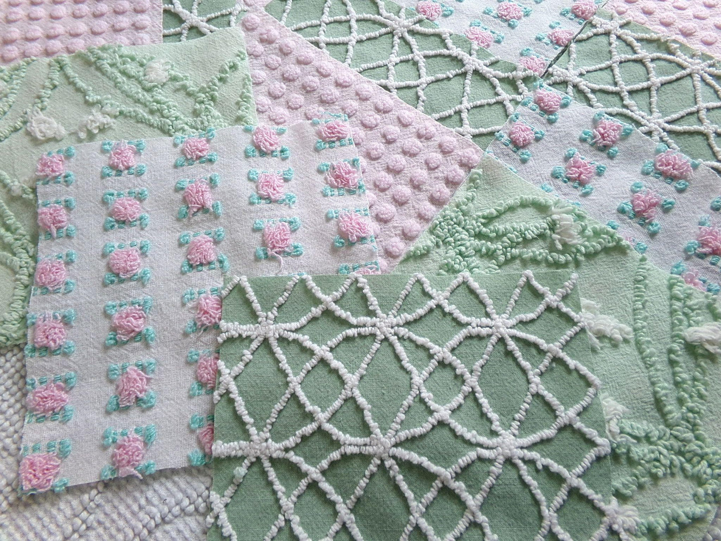 secret garden chenille fabric squares, 16 vintage 6" quilt blocks in pink & green, for sewing, crafts, fiber arts