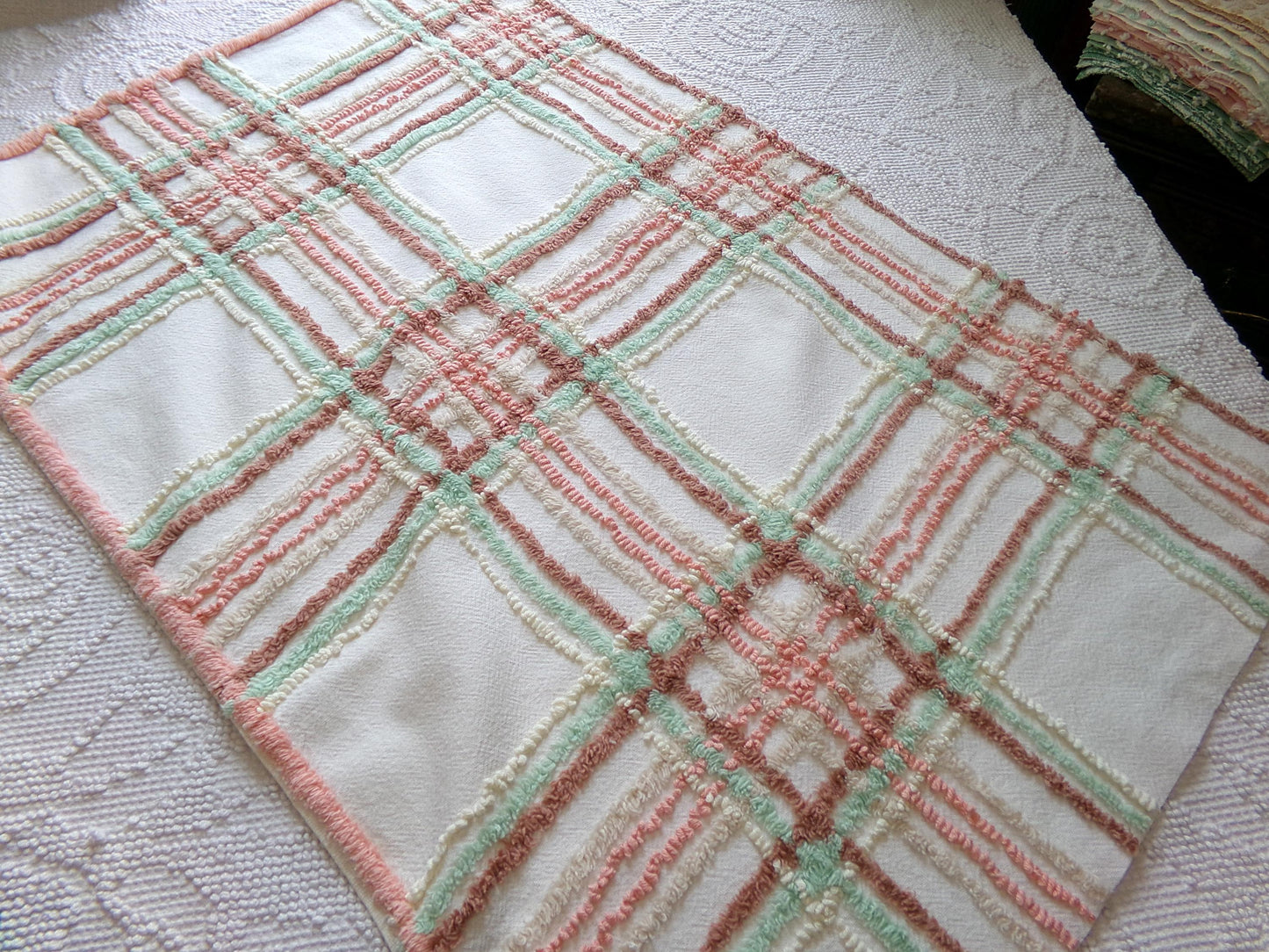 cottage plaid vintage chenille fabric: country style sewing material, 18" x 27" piece