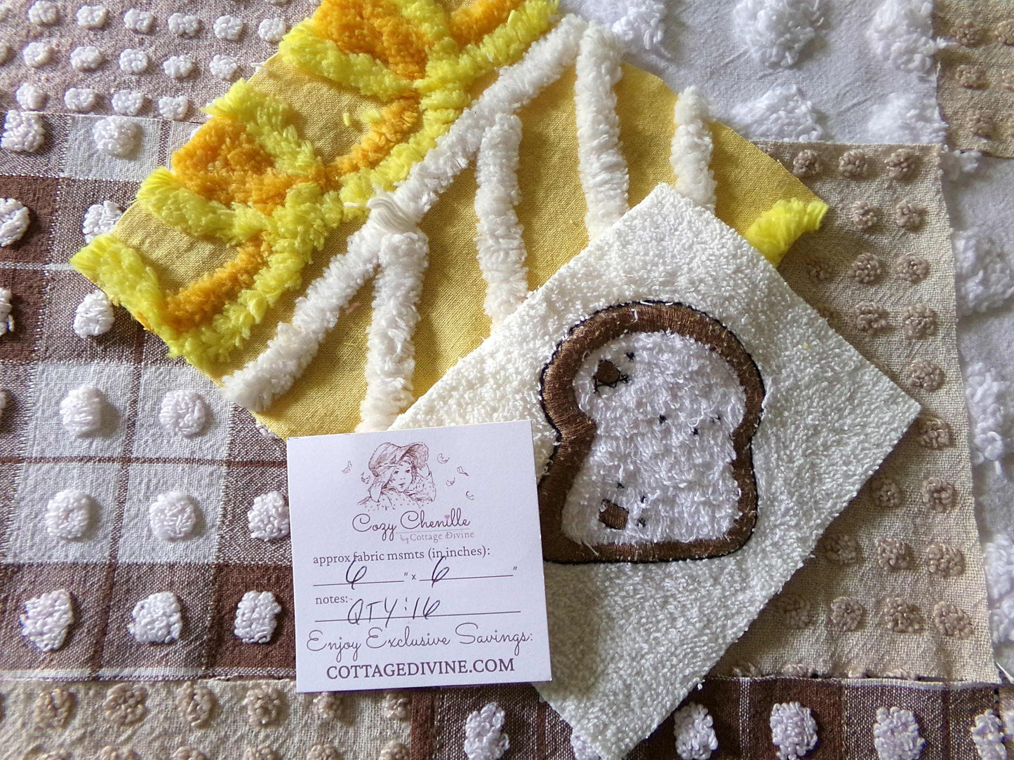 Breakfast Time Novelty Chenille Fabric Squares Set, 16 Vintage Quilt Blocks, 6" x 6" inches each, for Quilting, Sewing, DIY Pillows