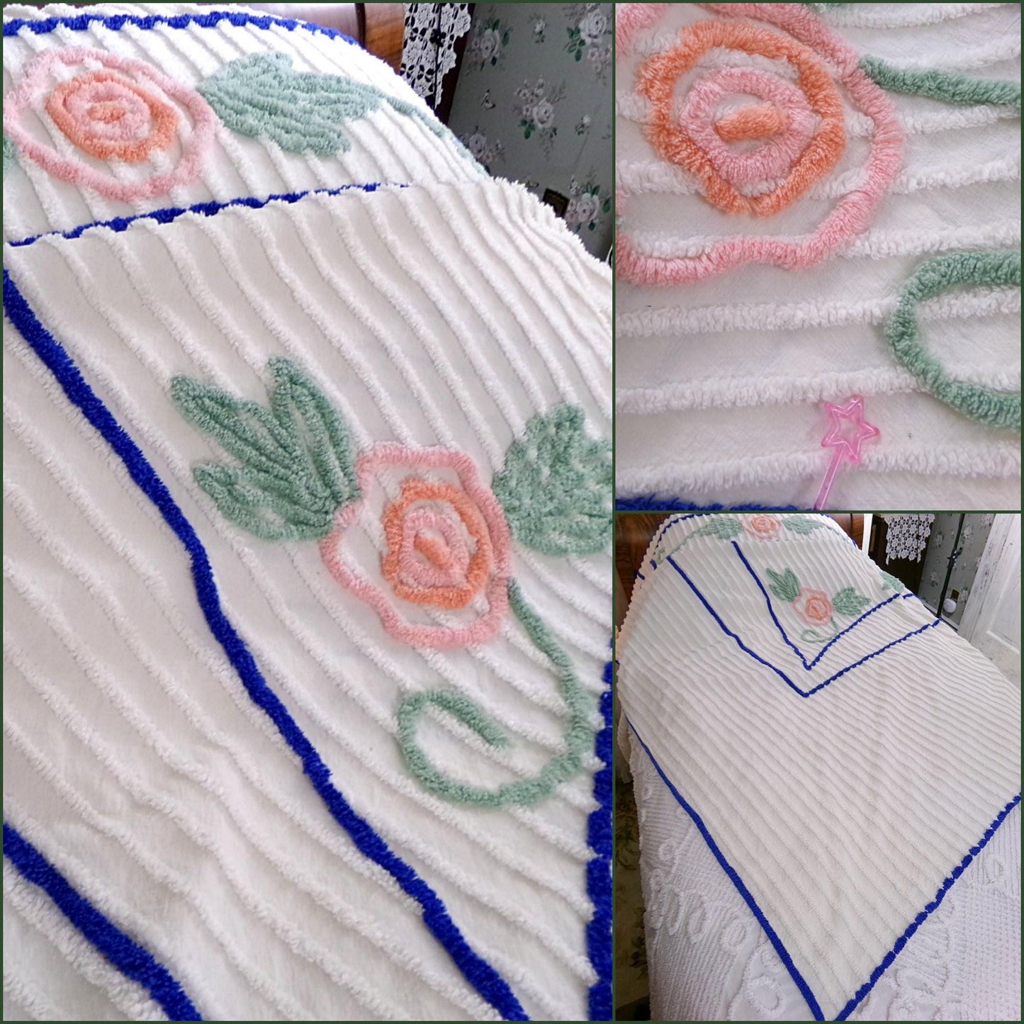 Cottage Style Vintage Chenille Bedspread, Lovely Pink Roses on White Cotton, TWIN Size Summer Coverlet