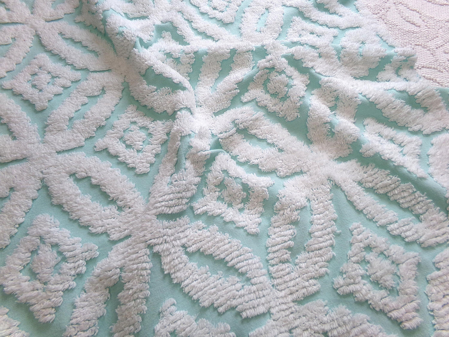 vintage aqua chenille fabric, white petals geometric design, 20" x 24" piece of sewing material