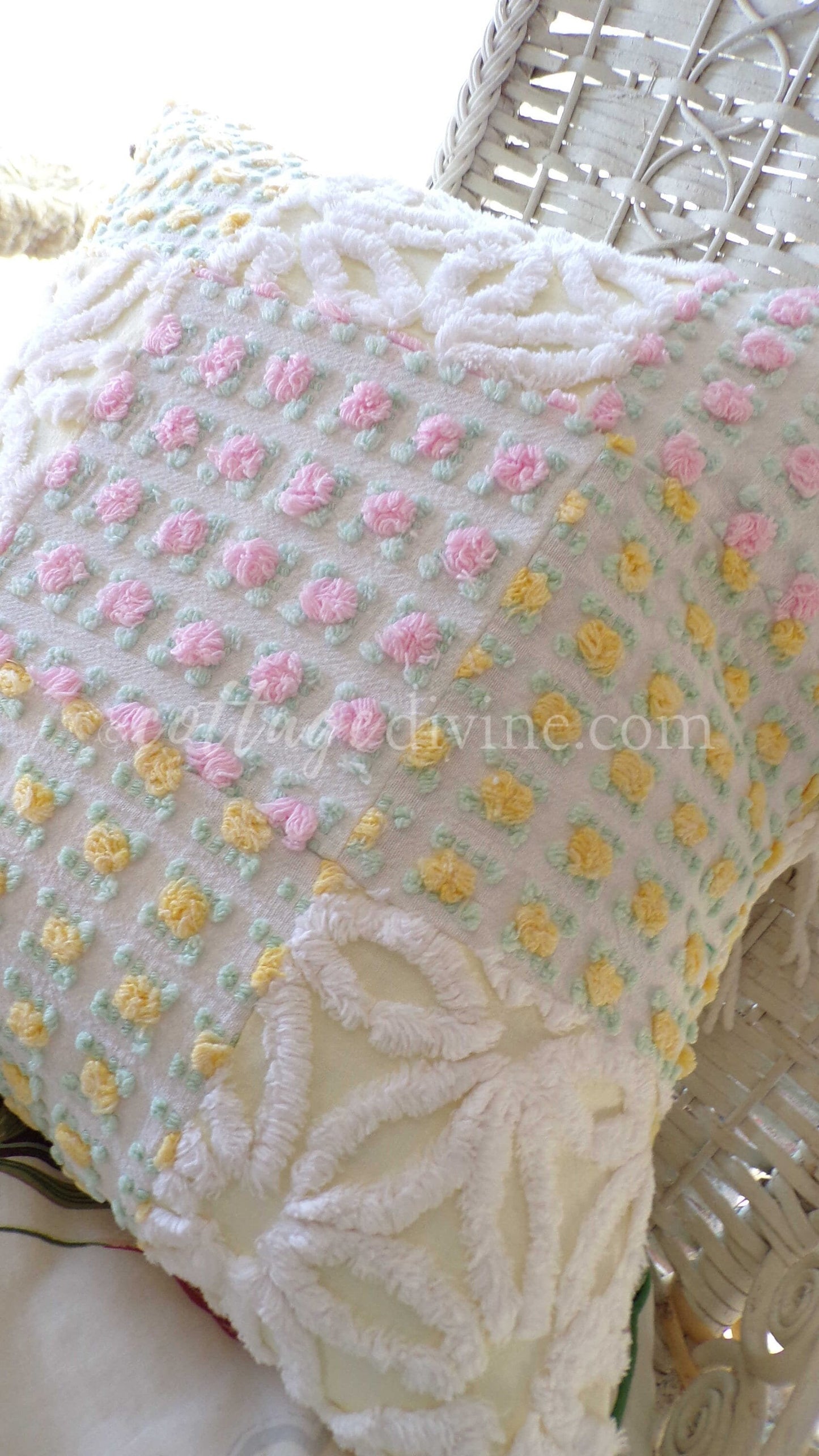 Daisy Rose Romantic Cottage Chenille Pillow Cover 16" x 16" inch Square, REVERSIBLE Accent Pillow, Vintage Shabby Patchwork Design