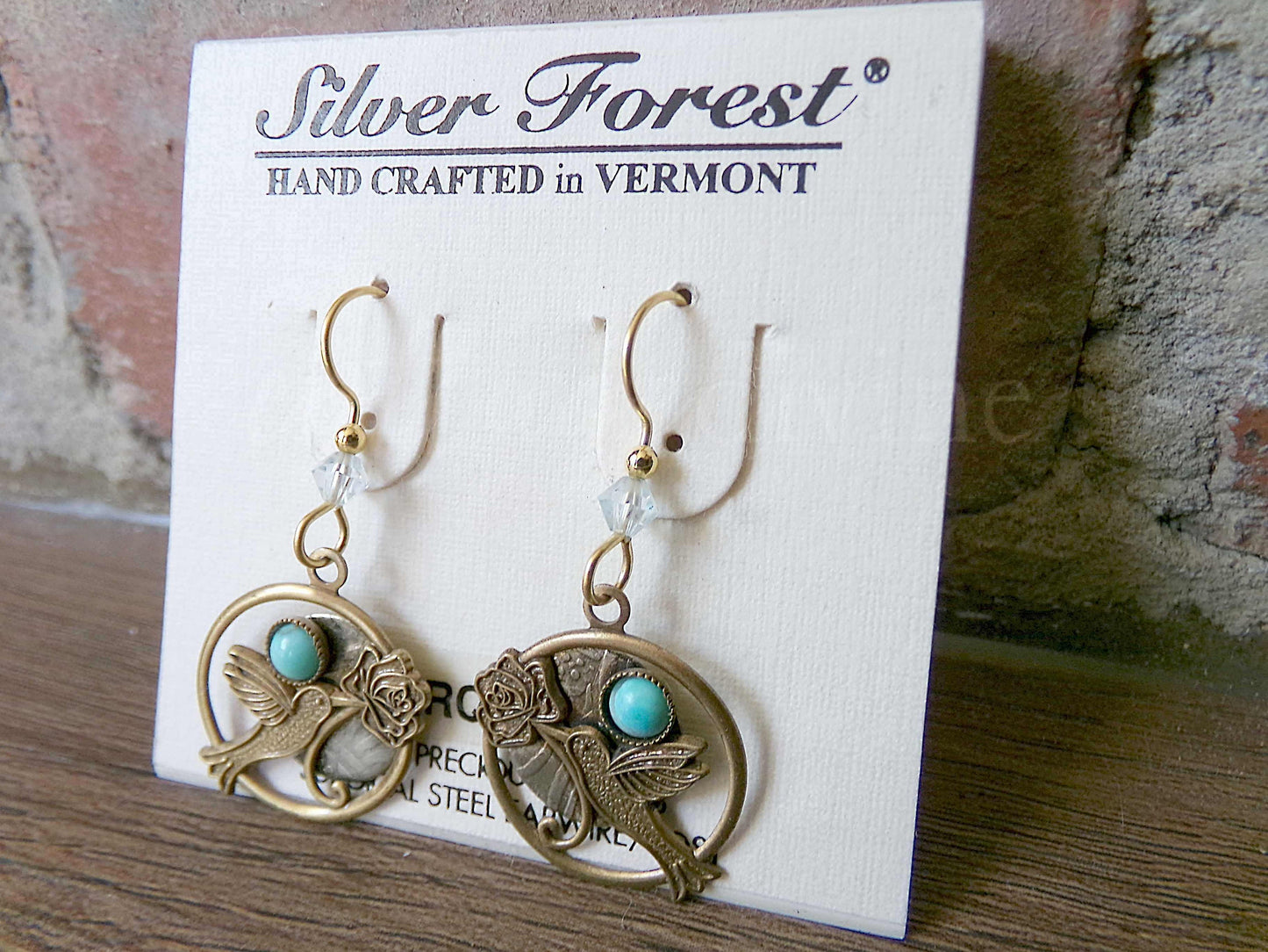 Hummingbird Rose Pierced Dangle Earrings, Turquoise Accent Vintage Style Silver Forest Vermont Boho Design