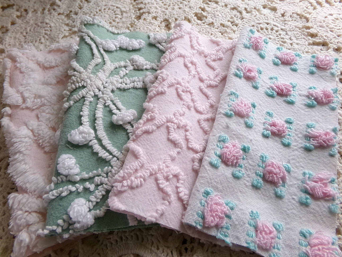 vintage chenille fabric quilt squares, "granny's garden" set of 16 blocks, 6" x 6" inch, pretty in rag quilts & patchwork pillows