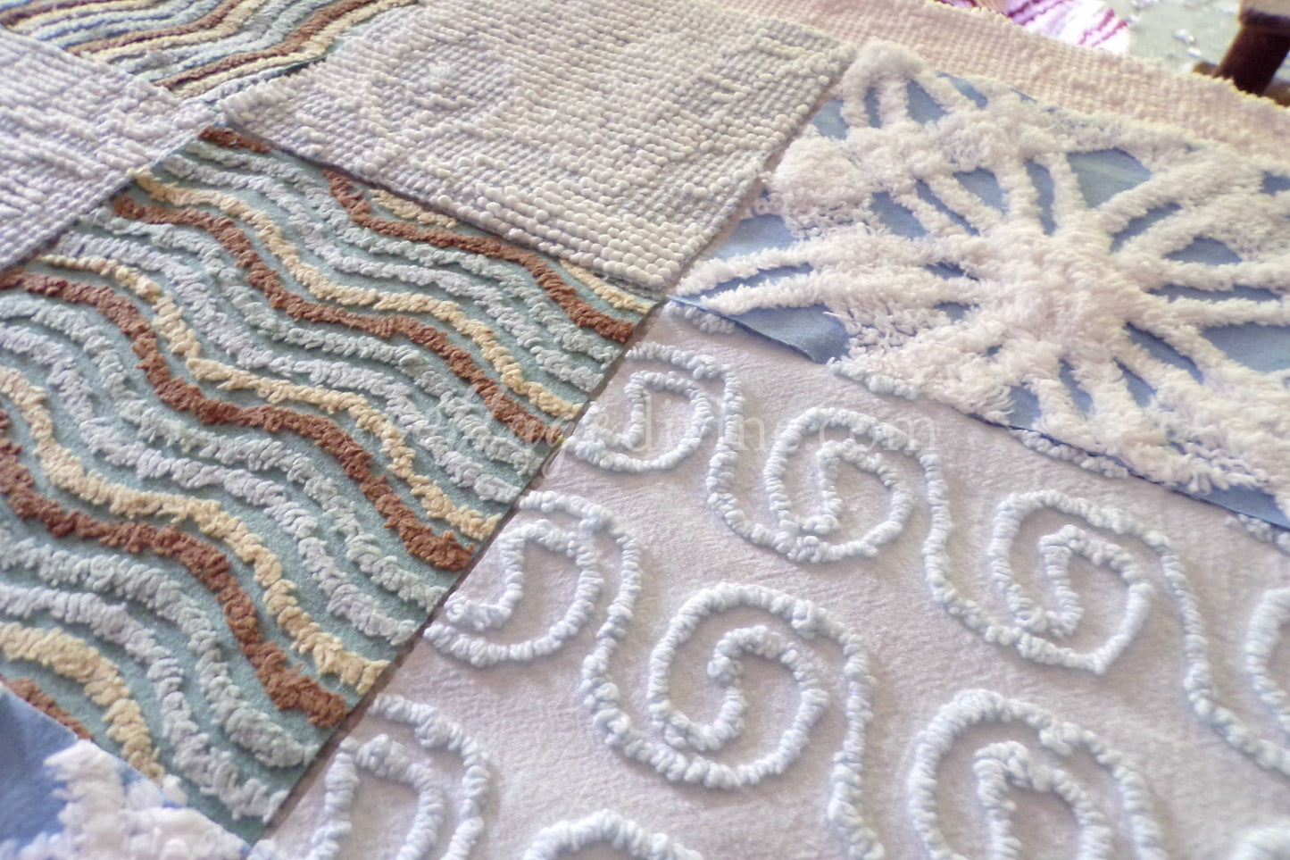 Breezy Blues Fabric Squares from Vintage Chenille Bedspread Fabrics, 17 Blocks Set, 6" x 6" inch, for Slow Stitching, Junk Journals, Quilt