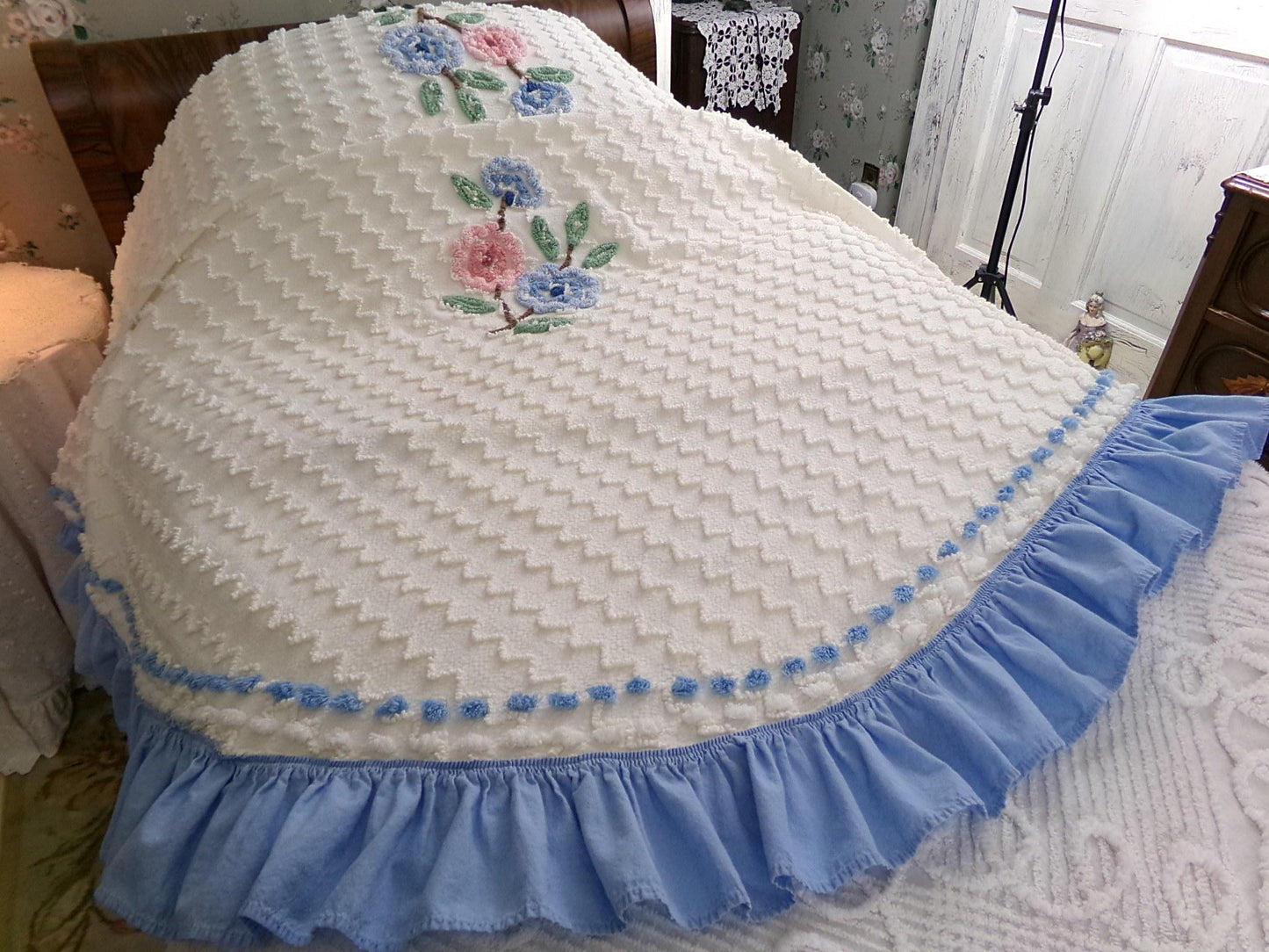 beach cottage seersucker vintage bedspread with tufted chenille zig zags, pink & blue flowers, ruffle accent, twin or full size bedding
