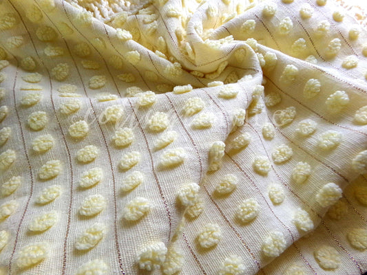 Sunny Yellow Pops Vintage Chenille Fabric, Golden Shimmer Lurex Popcorn Design, 18" x 19" Inch Rounded Corner Piece with accent fringe