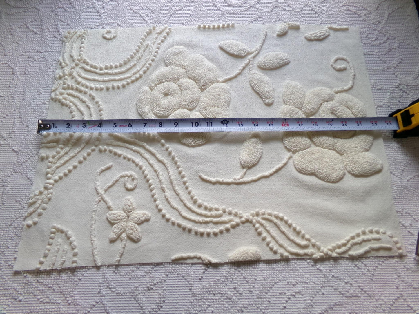 stylized ivory roses vintage chenille fabric, 100% cotton 16" x 21" cut piece w/ sprawling heavily tufted rose design for crafts, sewing