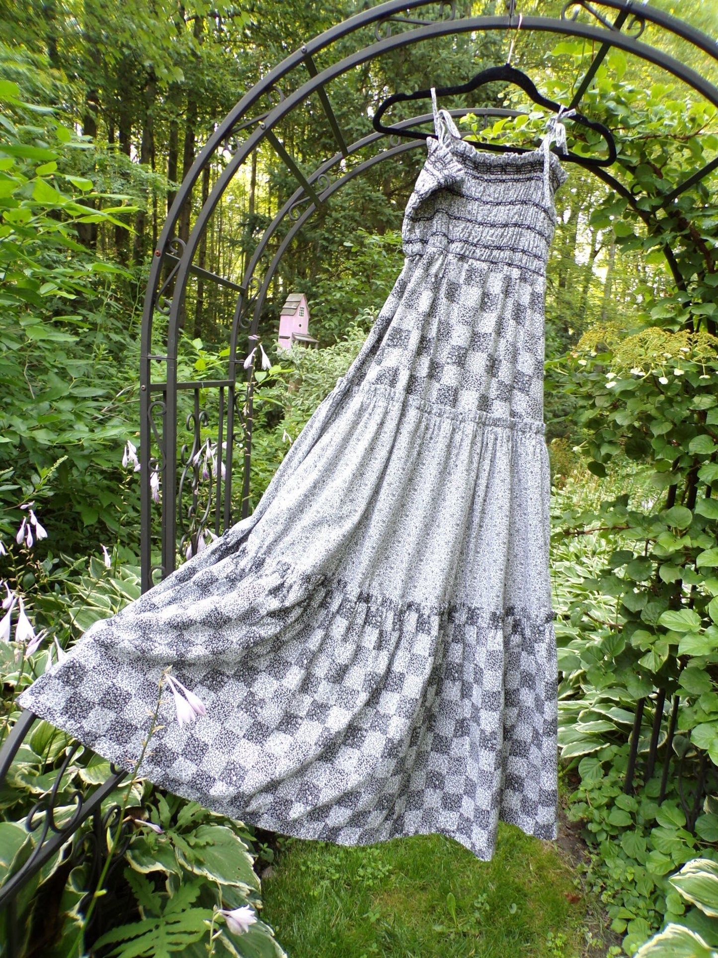 Butterfly Vintage Prairie Dress, Black & White Calico Print, Tie Strap Tiered Maxi Sundress, Candi Jones California, Boho Style Big Sweep, S