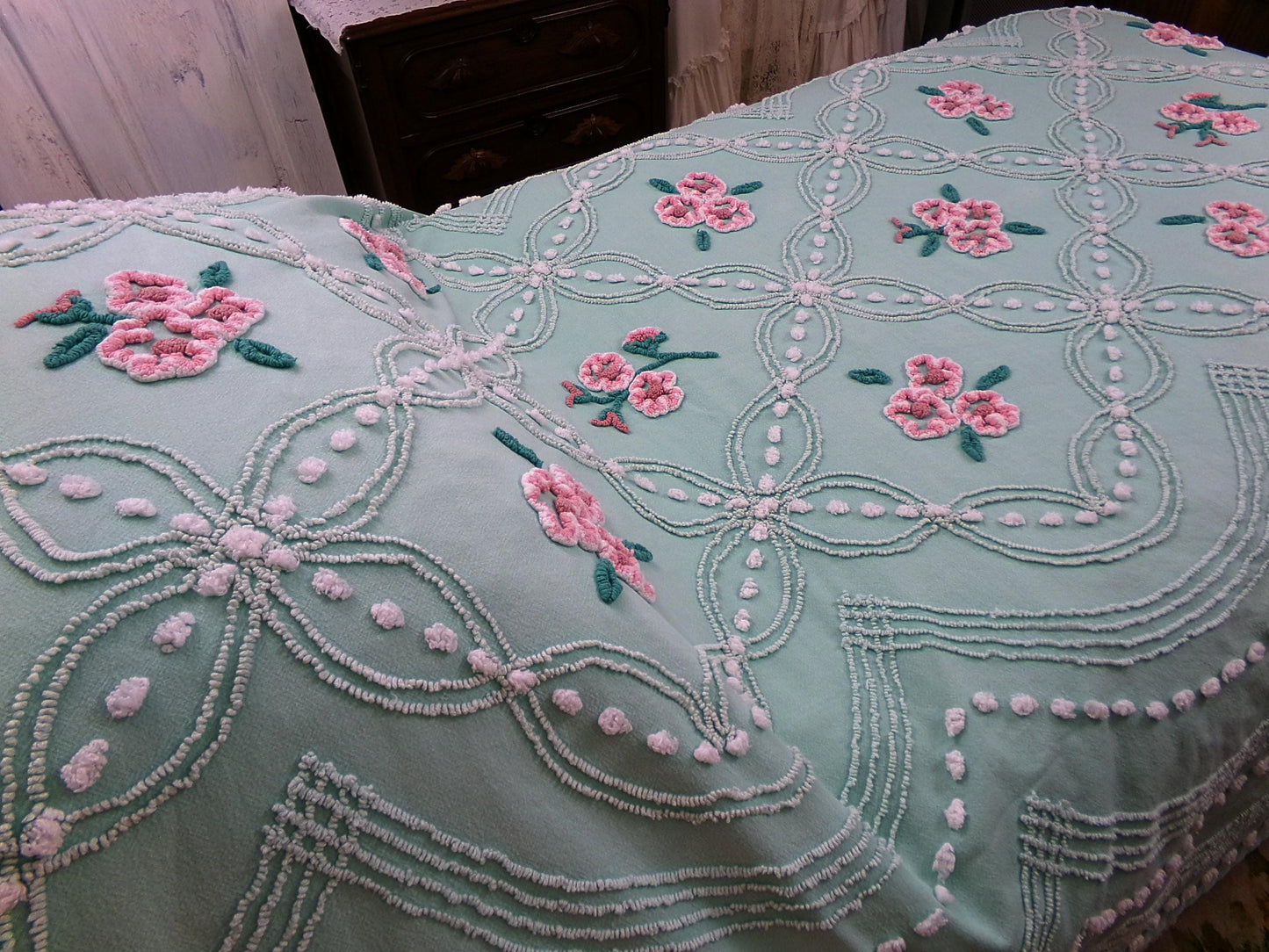 jade green pink rose vintage chenille bedspread, beautiful twin size shabby chic style bedding, great as a summer cottage coverlet