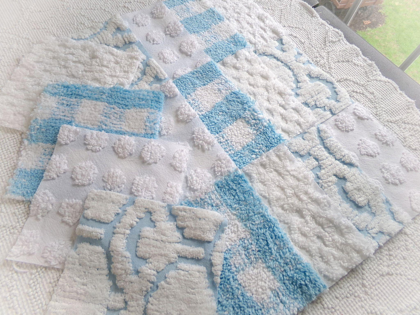 country gal chenille fabric squares, 16 vintage 6" quilt blocks in cool blue & white, for sewing, crafts, fiber arts