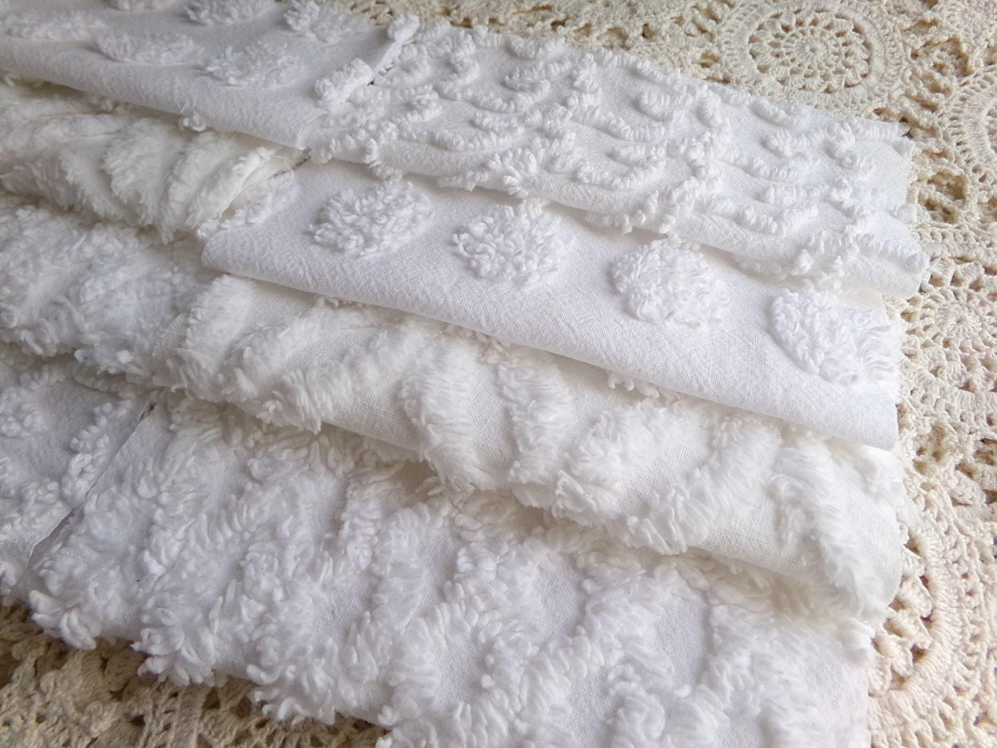 cherub feathers white chenille fabric squares, cut from vintage chenille bedspreads in popular patterns, set of 16 quilt blocks, 6" inch ea