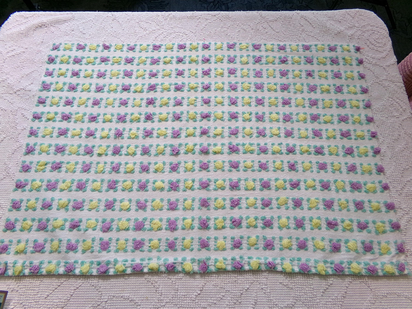 Rare Jewel Rosebud Vintage Chenille Fabric w/ Yellow & Amethyst Roses, 17" x 24" Cut Piece of Sewing, Quilt Material