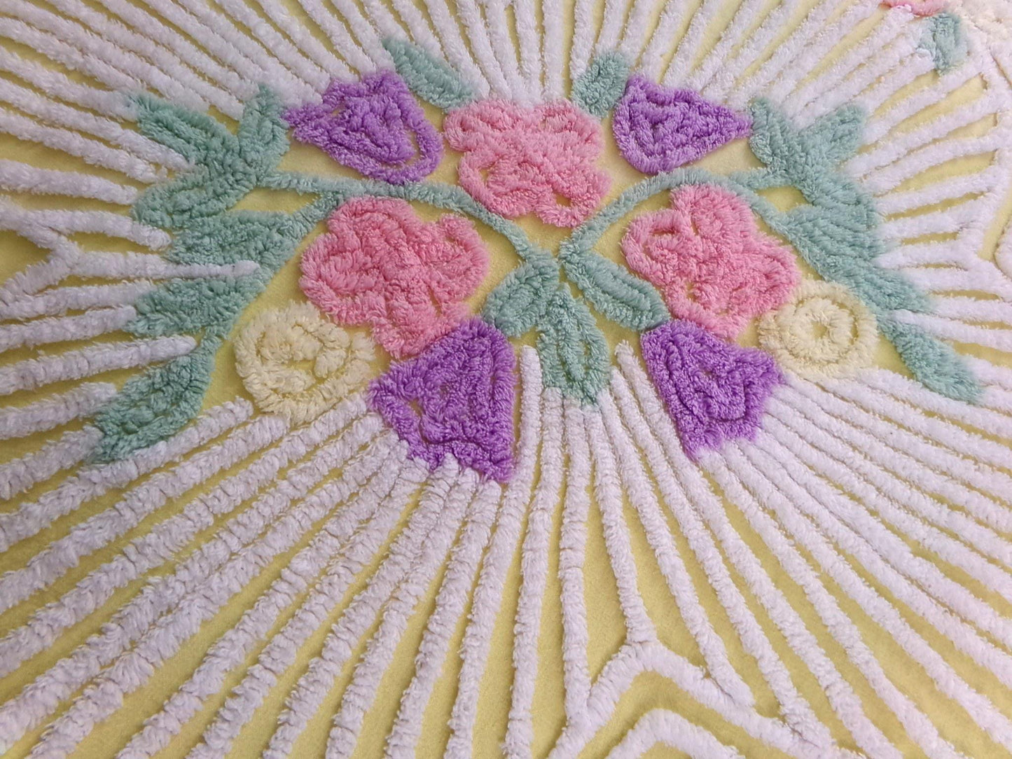 just joyful vintage chenille bedspread in cheery yellow with springtime flowers, full size bedding, 100% quality cotton