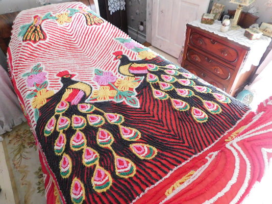 Vivid Red Peacock Vintage Chenille Bedspread, Rainbow Lovebirds with Gothic Black Feathers, 100% Cotton Full Size Bedding
