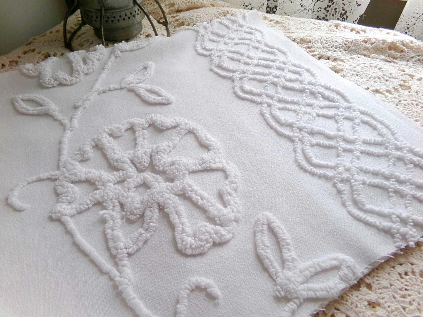 sophisticated white floral vintage chenille fabric, cotton sewing material, 15" x 27" inch piece for crafts & quilting