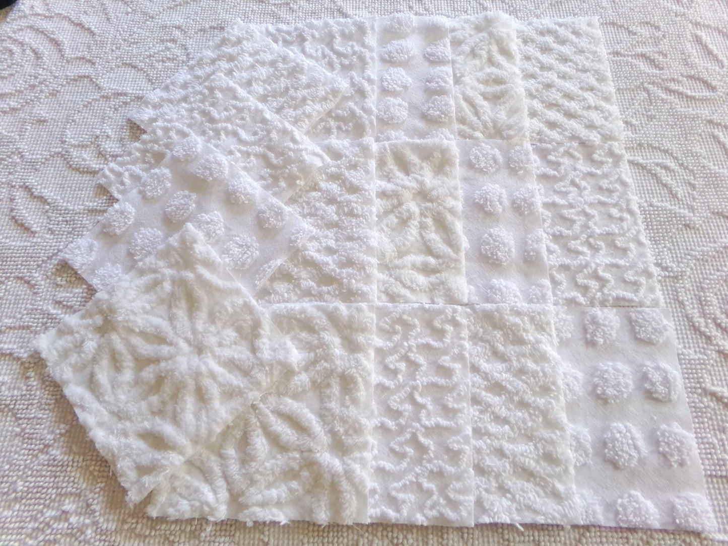 cherub feathers white chenille fabric squares, cut from vintage chenille bedspreads in popular patterns, set of 16 quilt blocks, 6" inch ea