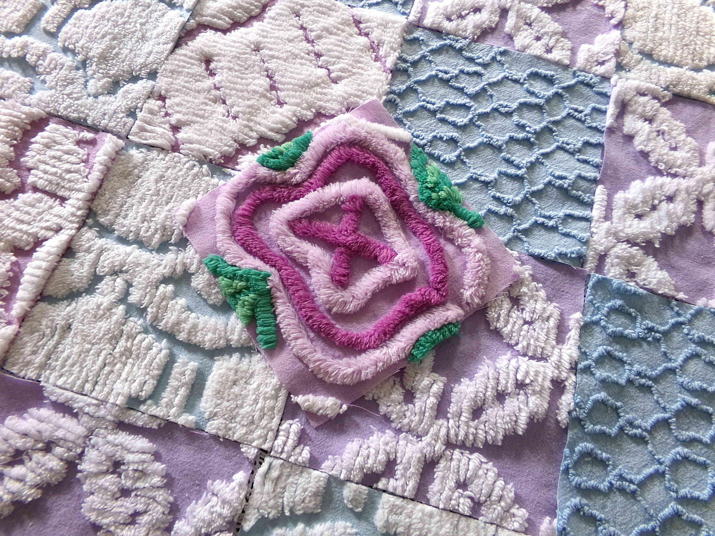 sleep softly chenille fabric squares, serene blue, lilac & white, 17 vintage quilt blocks 6" x 6" inch, for pillows, quilting, crafts